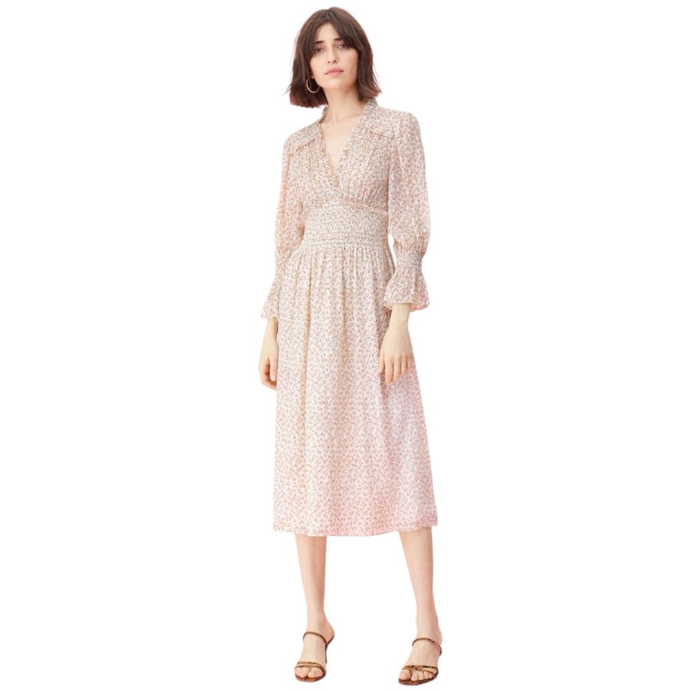 Rebecca Taylor Crinkle Chiffon Silk Ditsy Floral Flare Blouson Sleeve Midi Dress